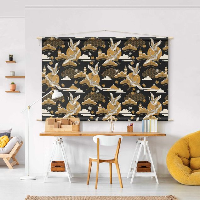 Wanddeko Wohnzimmer Asiatisches Muster mit Kranichen im Herbst
