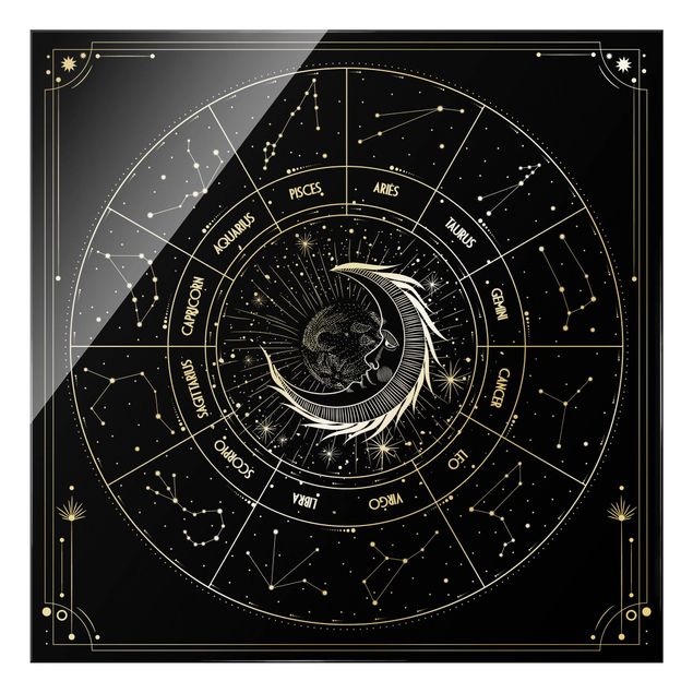 Wanddeko über Bett Astrologie Mond und Sternzeichen Schwarz