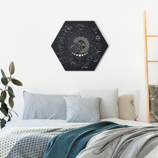 Wanddeko Büro Astrologie Sonne Mond und Sterne Blau Gold