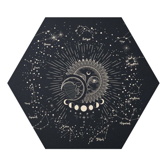 Wanddeko über Bett Astrologie Sonne Mond und Sterne Blau Gold
