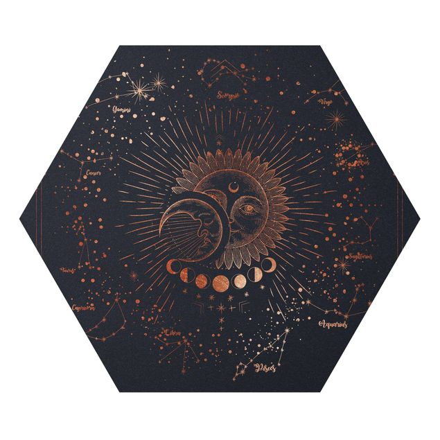 Wanddeko über Bett Astrologie Sonne Mond und Sterne Blau Gold