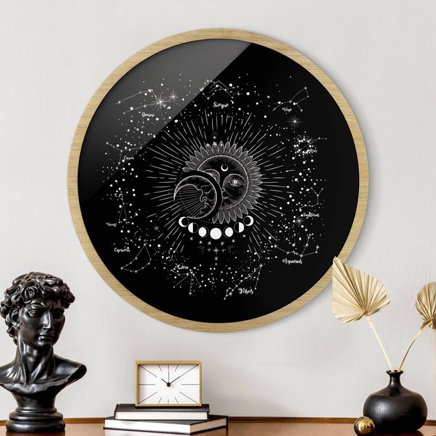 Wanddeko Schlafzimmer Astrologie Sonne Mond und Sterne Schwarz