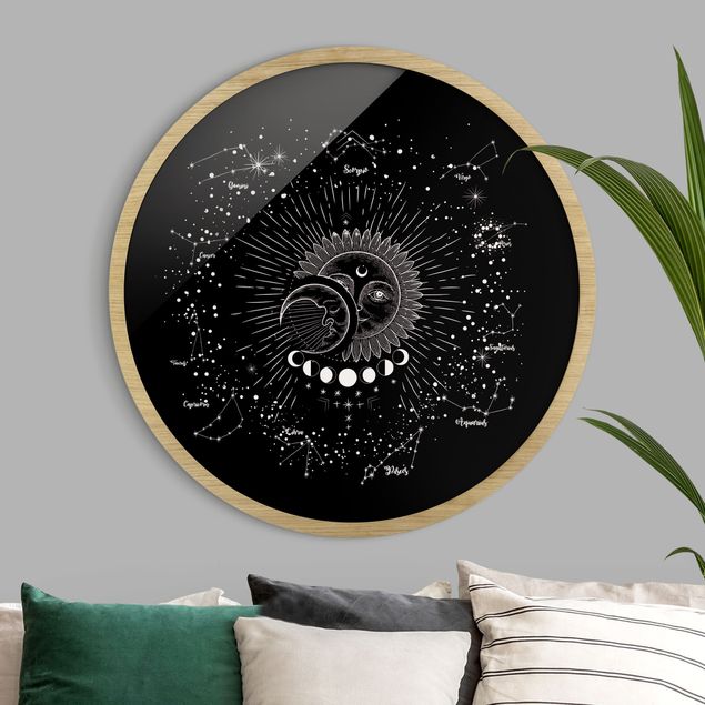 Wanddeko Büro Astrologie Sonne Mond und Sterne Schwarz