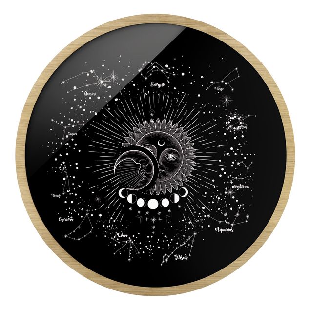 Wanddeko über Bett Astrologie Sonne Mond und Sterne Schwarz