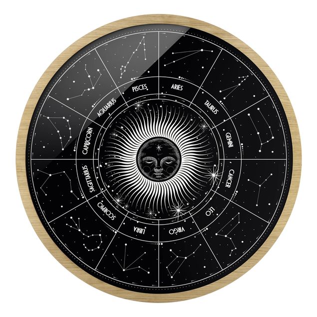 Wanddeko über Bett Astrologie Sternzeichen im Sonnenkreis Schwarz