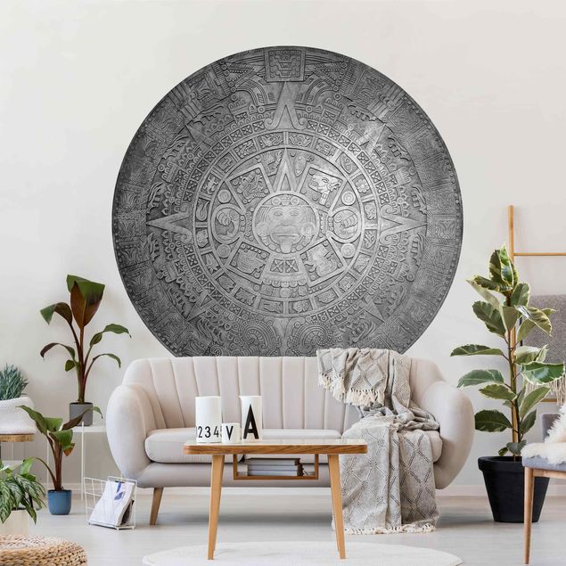 Tapete mit Ornamenten Azteken Ornamentik im Kreis Schwarz-Weiß