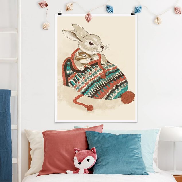 Wanddeko Schlafzimmer Illustration Kuschelnder Hase in Mütze