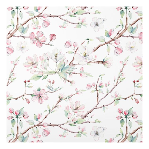 Wohndeko Muster Aquarell Zweige von Apfelblüten in Rosa und Weiß