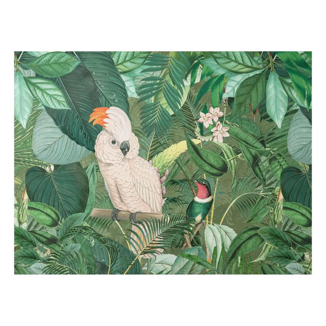 Wanddeko Blume Vintage Collage - Kakadu und Kolibri