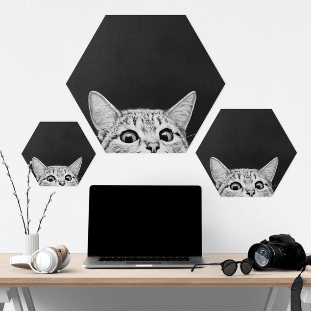 Wanddeko über Sofa Illustration Katze Schwarz Weiß Zeichnung