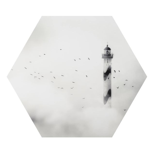 Wanddeko Treppenhaus Leuchtturm im Nebel