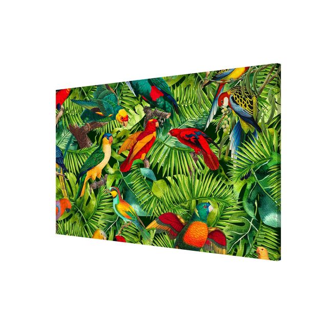 Wanddeko Wohnzimmer Bunte Collage - Papageien im Dschungel