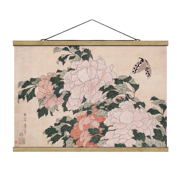 Wanddeko Flur Katsushika Hokusai - Rosa Pfingstrosen mit Schmetterling