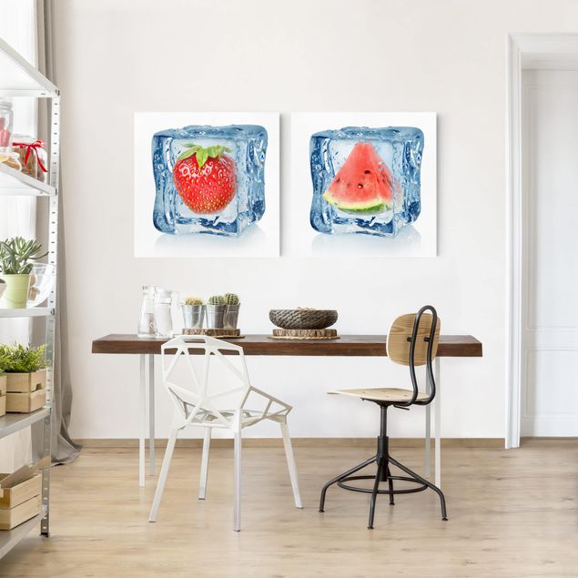 Wanddeko Esszimmer Erdbeere und Melone im Eiswürfel