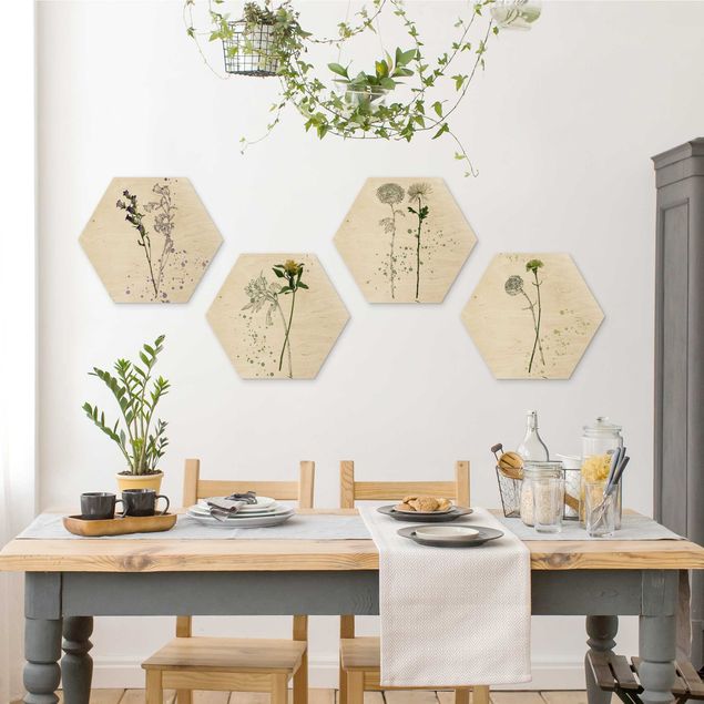 4-teilig Botanisches Aquarell Set I Hexagon Bild auf Holz | WALLART | Bilder