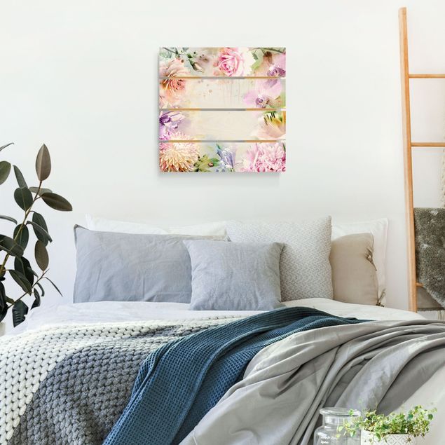 Wanddeko Schlafzimmer Aquarell Blütenmix Pastell