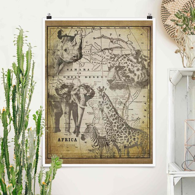 Wanddeko braun Vintage Collage - Africa Wildlife