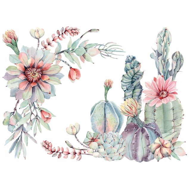 Wanddeko Esszimmer Aquarell Kaktus Blüte Ornament XXL