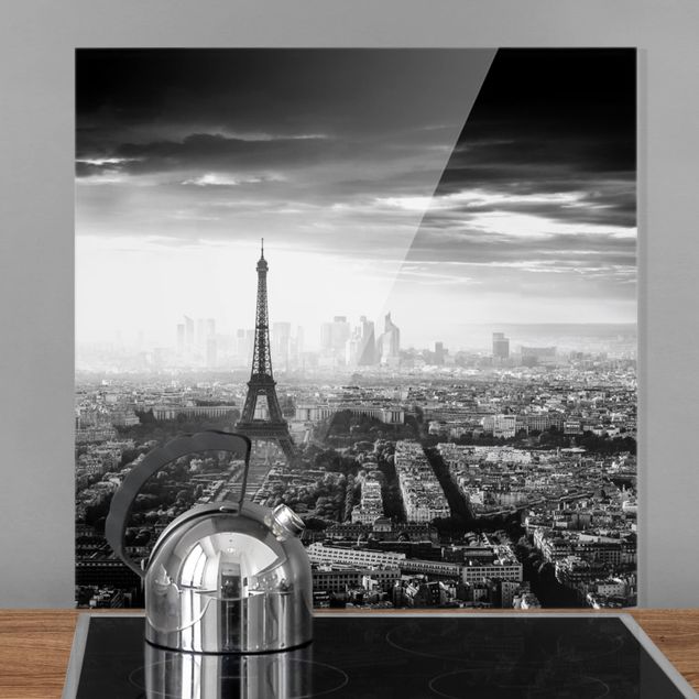 Küchen Deko Der Eiffelturm von Oben schwarz-weiß