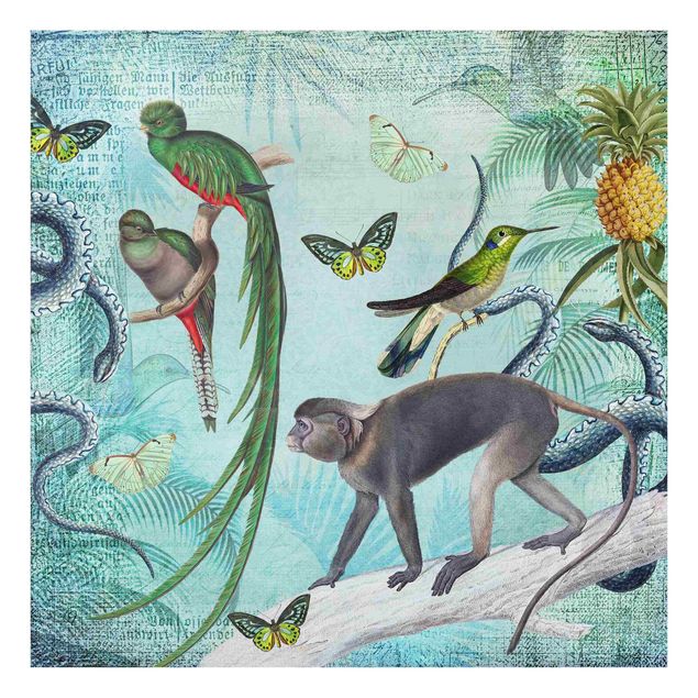 Deko Illustration Colonial Style Collage - Äffchen und Paradiesvögel