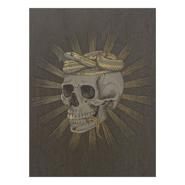 Wanddeko Esszimmer Illustration Totenkopf und Schlange Schwarz Gold