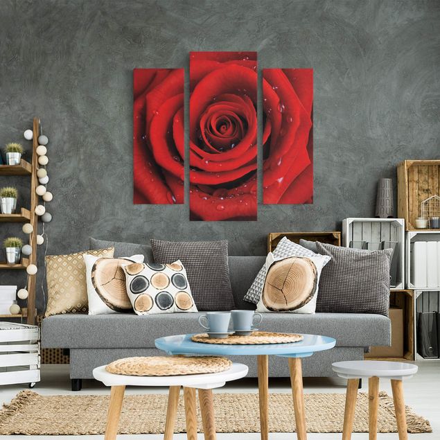 Wanddeko Botanik Rote Rose mit Wassertropfen