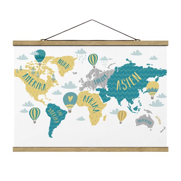 Wanddeko Mädchenzimmer Weltkarte mit Heißluftballon
