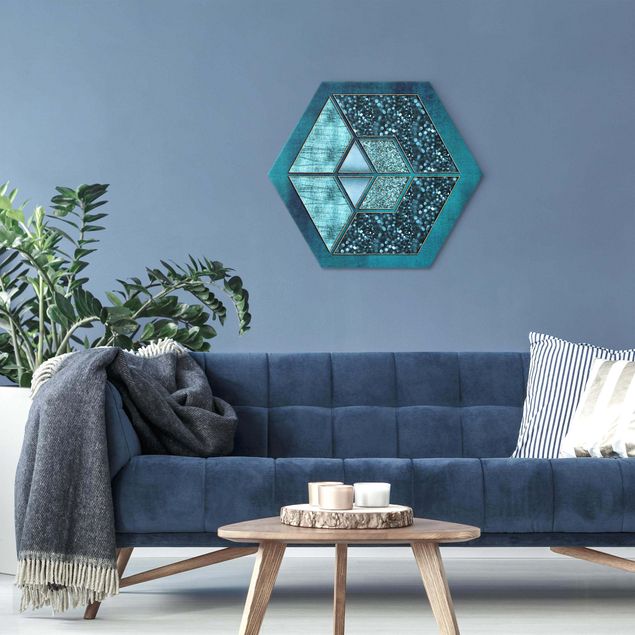 Wanddeko Esszimmer Blaues Hexagon mit Goldkontur