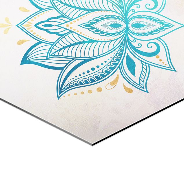 Wanddeko über Sofa Mandala Hamsa Hand Lotus Set Gold Blau