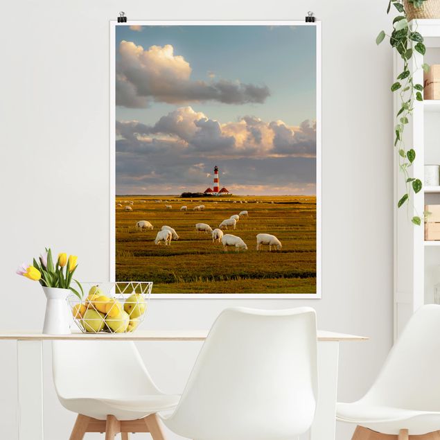 Wanddeko Schlafzimmer Nordsee Leuchtturm mit Schafsherde