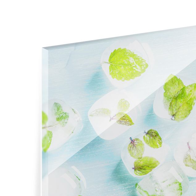 Spritzschutz Küche Glas Eiswürfel mit Minzblättern