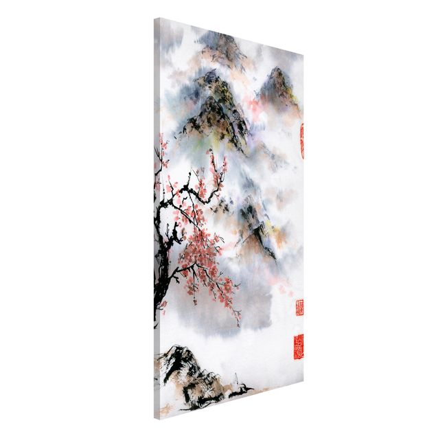 Deko Blume Japanische Aquarell Zeichnung Kirschbaum und Berge