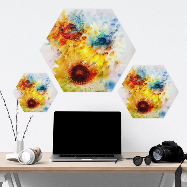 Wanddeko Büro Aquarell Blumen Sonnenblumen
