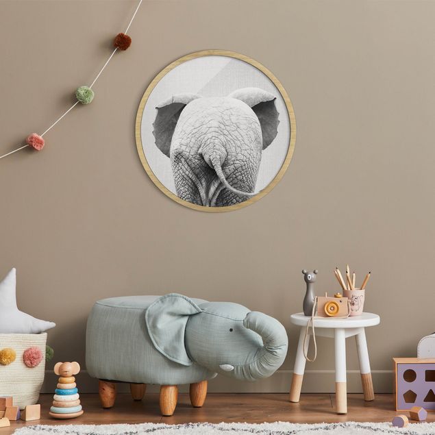 Wanddeko Wohnzimmer Baby Elefant von hinten Schwarz Weiß