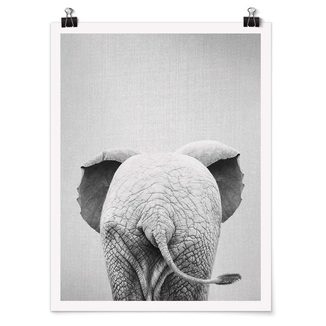 Wanddeko Büro Baby Elefant von hinten Schwarz Weiß