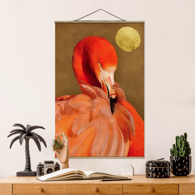 Wanddeko Wohnzimmer Goldener Mond mit Flamingo