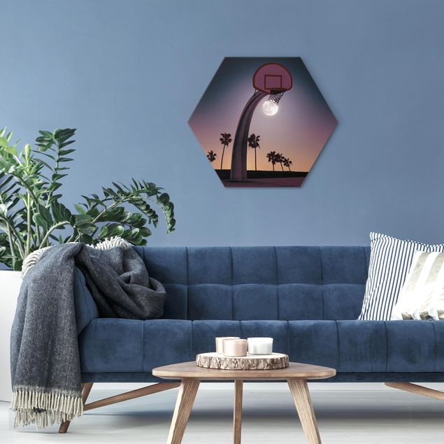 Wanddeko über Sofa Basketball mit Mond