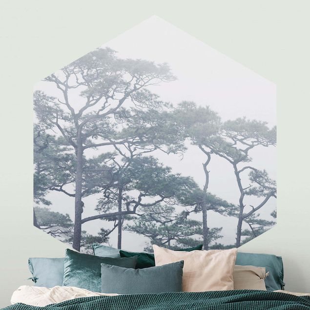 Wanddeko Schlafzimmer Baumkronen im Nebel