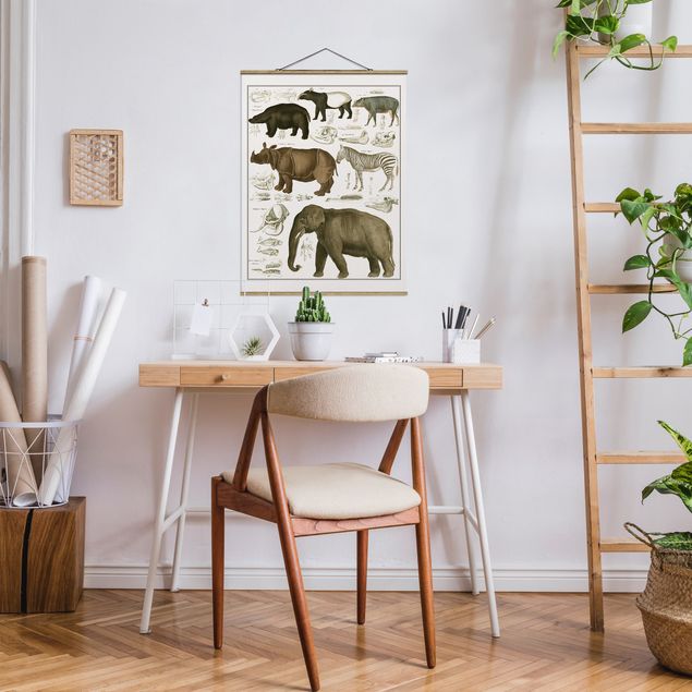 Wandbilder Elefanten Vintage Lehrtafel Elefant, Zebra und Nashorn