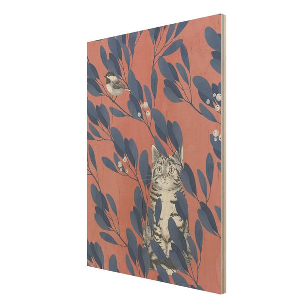 Wanddeko Flur Illustration Katze und Vogel auf Ast Blau Rot