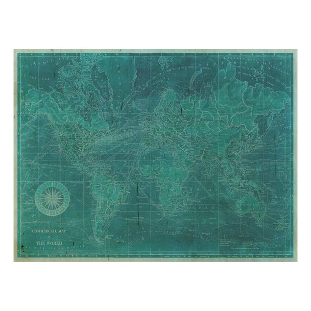 Wanddeko Flur Vintage Weltkarte Azurblau