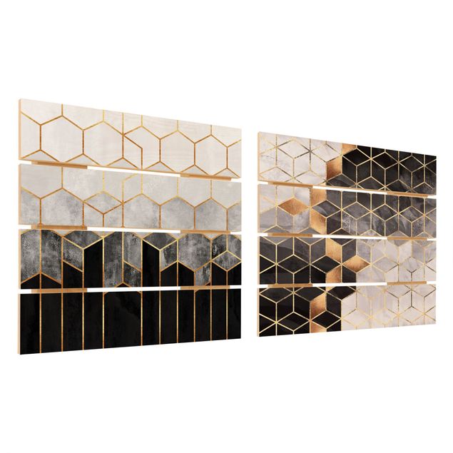 Wanddeko schwarz Goldene Geometrie Aquarell Set