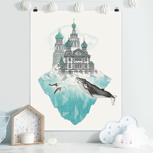 Wanddeko Flur Illustration Kirche mit Kuppeln und Wal