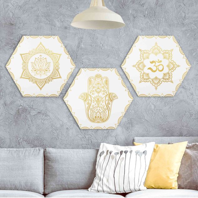 Wanddeko Schlafzimmer Hamsa Hand Lotus OM Illustration Set Gold