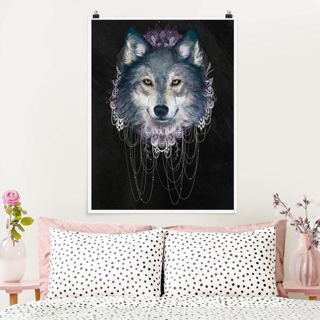 Wanddeko Schlafzimmer Illustration Wolf mit Boho Traumfänger Schwarz