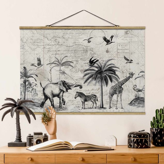 Wandbilder Elefanten Vintage Collage - Exotische Landkarte