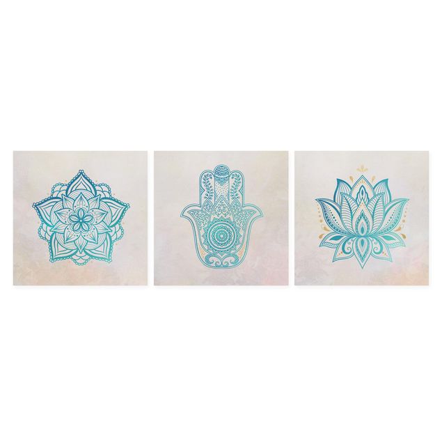 Wanddeko Büro Mandala Hamsa Hand Lotus Set gold blau