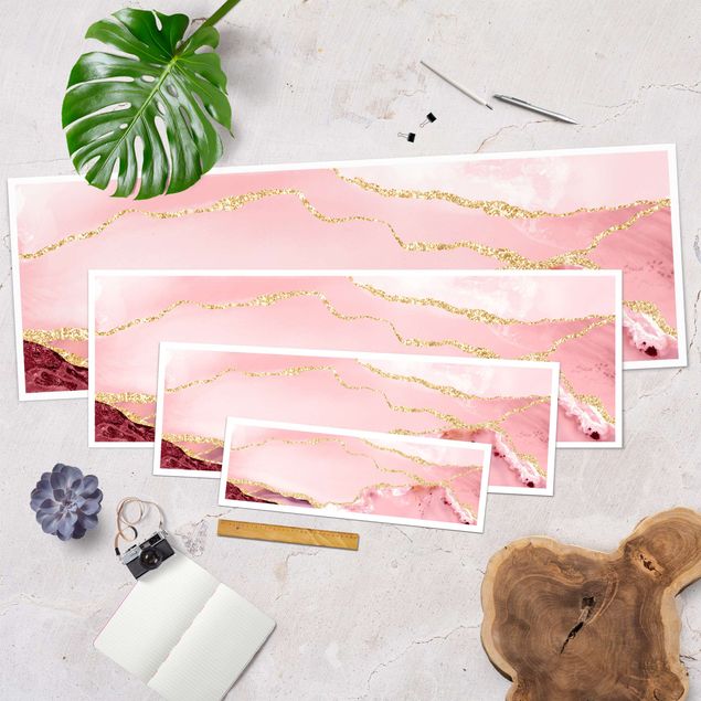 Wanddeko über Bett Abstrakte Berge Rosa mit Goldene Linien