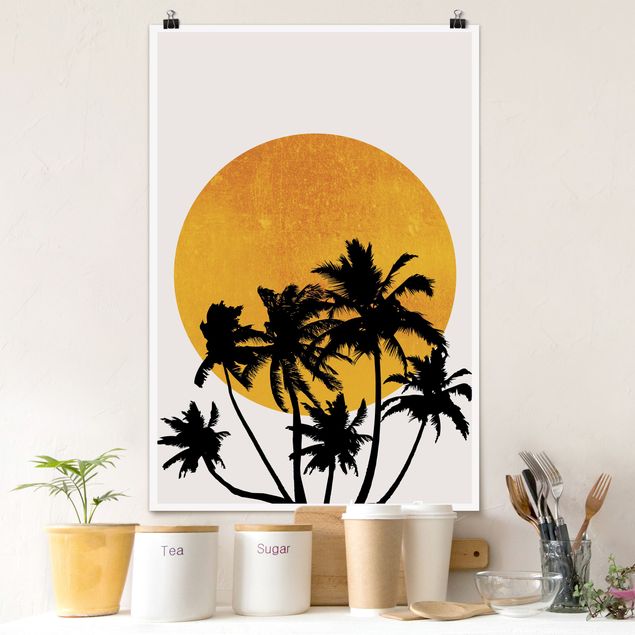 Wanddeko Schlafzimmer Palmen vor goldener Sonne