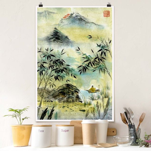 Wandbilder Asien Japanische Aquarell Zeichnung Bambuswald